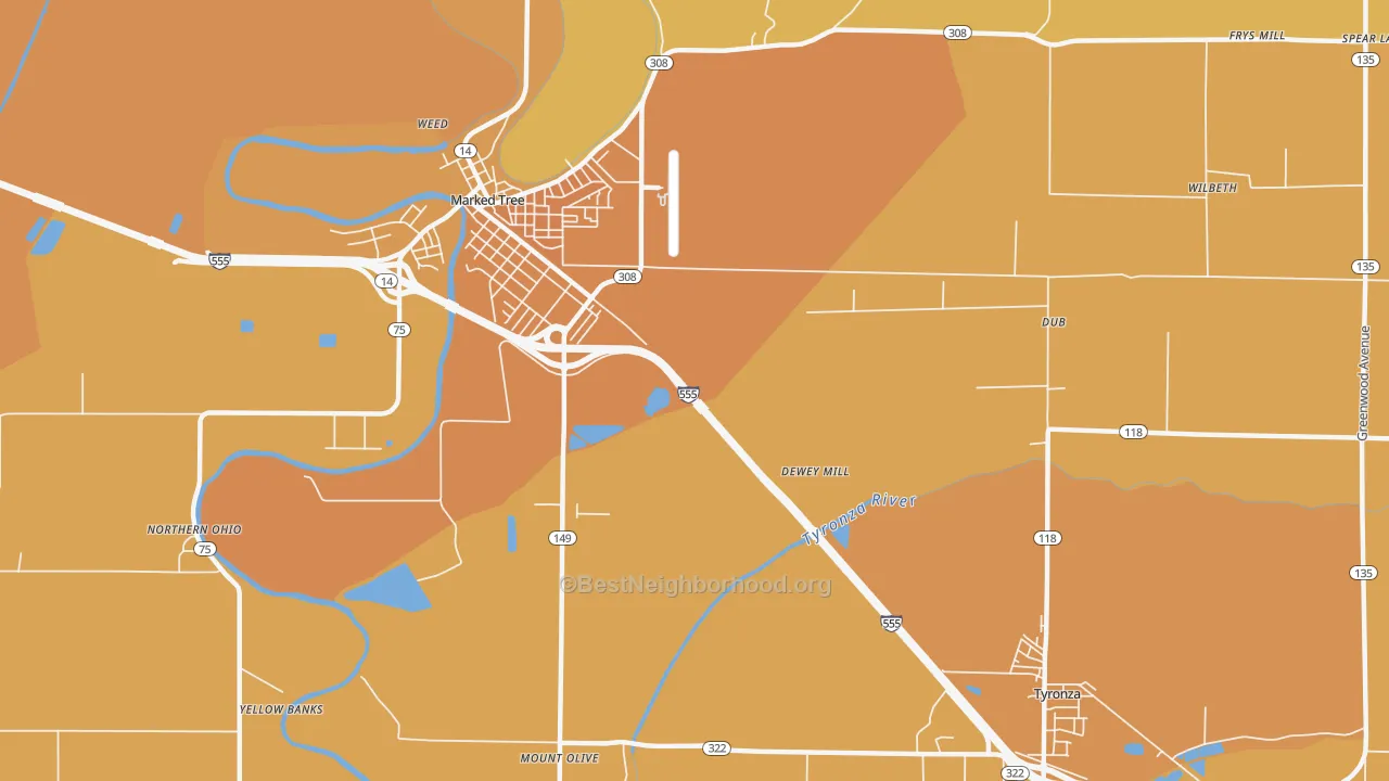 Map of the best neighborhoods in the Tyronza Junction area, with better matches in green and worse matches in red