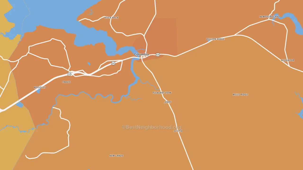 Map of the best neighborhoods in the Tyrrell County area, with better matches in green and worse matches in red