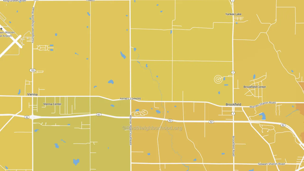 Map of the best neighborhoods in the Tyrrell area, with better matches in green and worse matches in red
