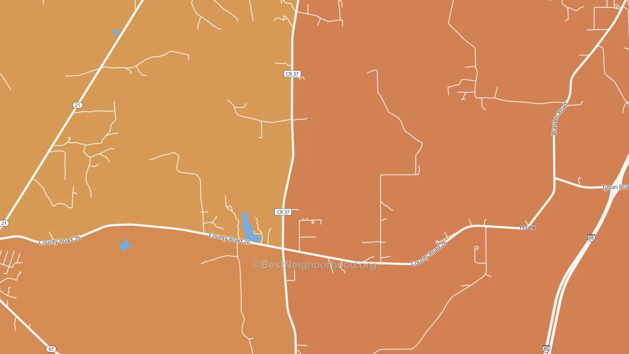 Map of the best neighborhoods in the Tyson area, with better matches in green and worse matches in red