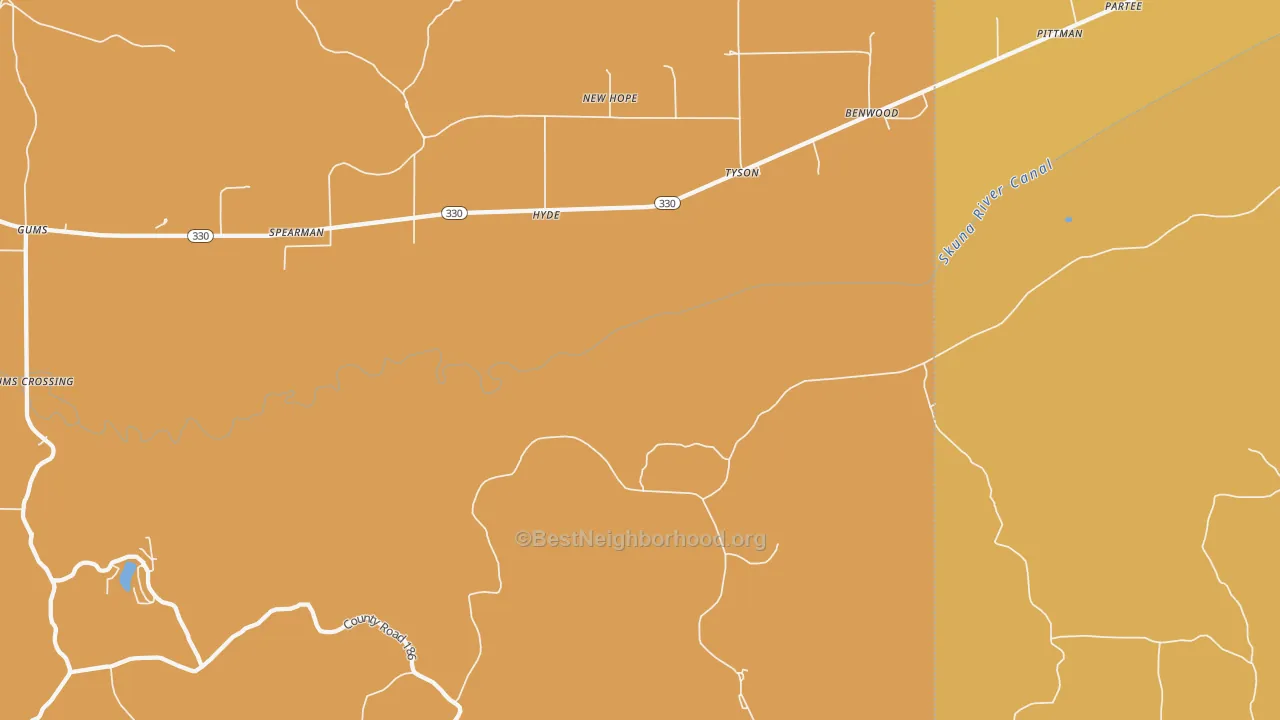Map of the best neighborhoods in the Tyson area, with better matches in green and worse matches in red