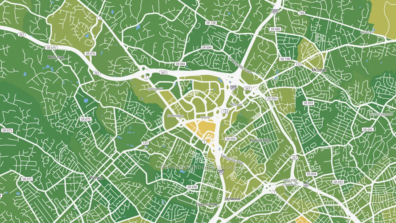 Map of the best neighborhoods in the Tysons Corner area, with better matches in green and worse matches in red