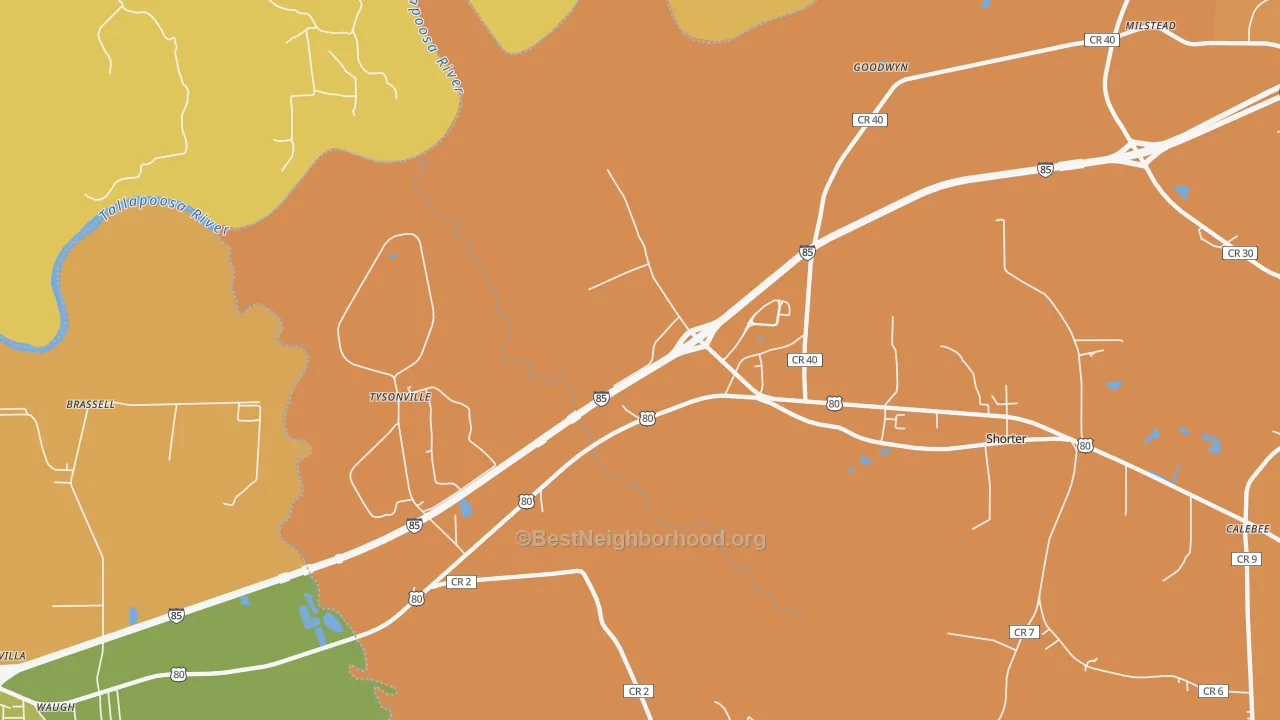Map of the best neighborhoods in the Tysonville area, with better matches in green and worse matches in red
