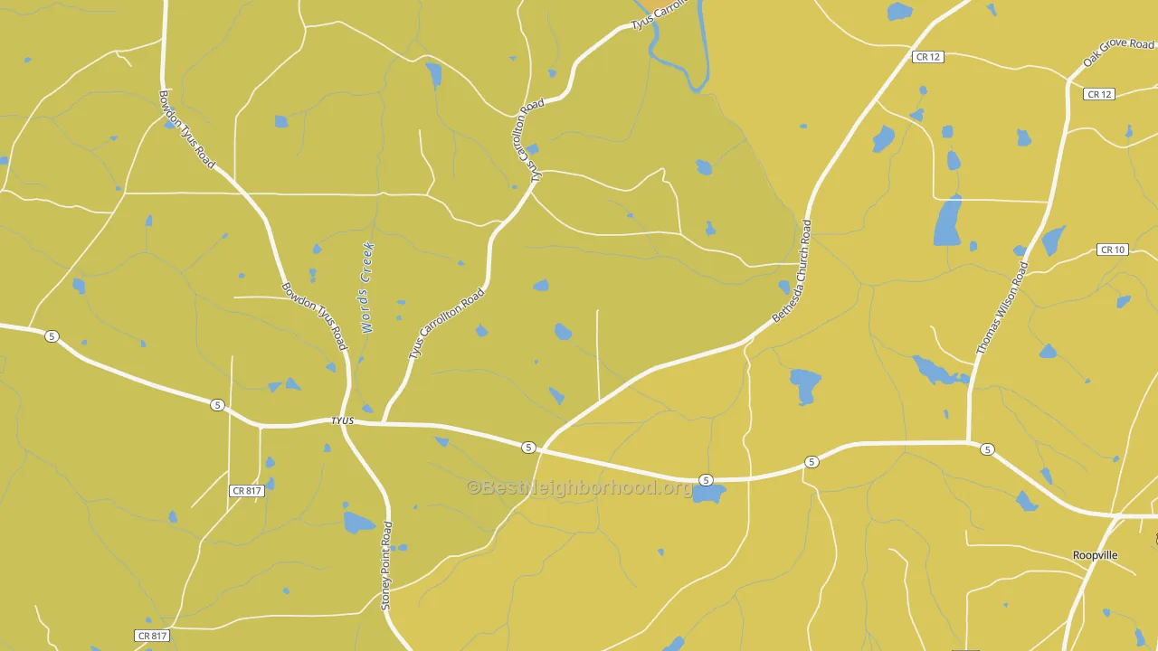 Map of the best neighborhoods in the Tyus area, with better matches in green and worse matches in red