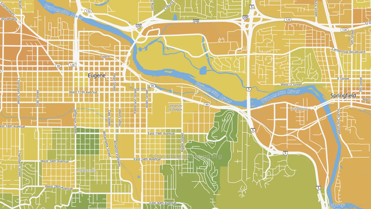 Map of the best neighborhoods in the U of O Campus, Eugene area, with better matches in green and worse matches in red