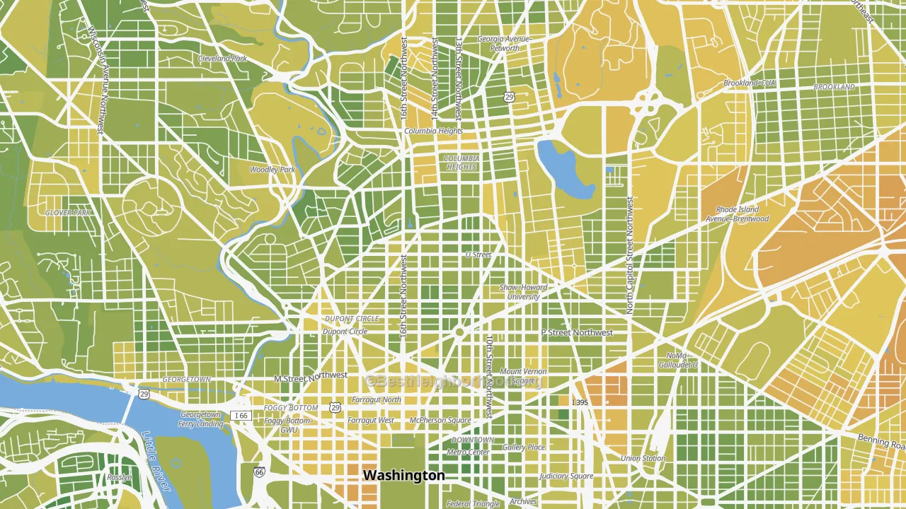 Map of the best neighborhoods in the U Street Corridor, Washington area, with better matches in green and worse matches in red