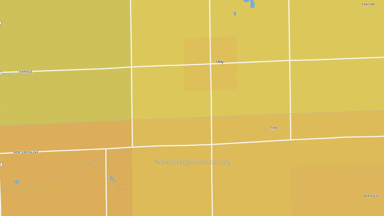 Map of the best neighborhoods in the Ubly area, with better matches in green and worse matches in red