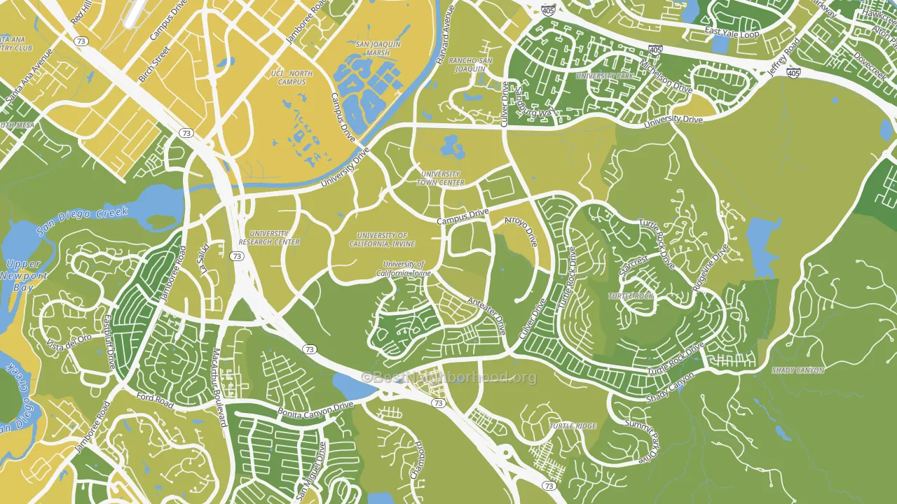 Map of the best neighborhoods in the UC Irvine, Irvine area, with better matches in green and worse matches in red