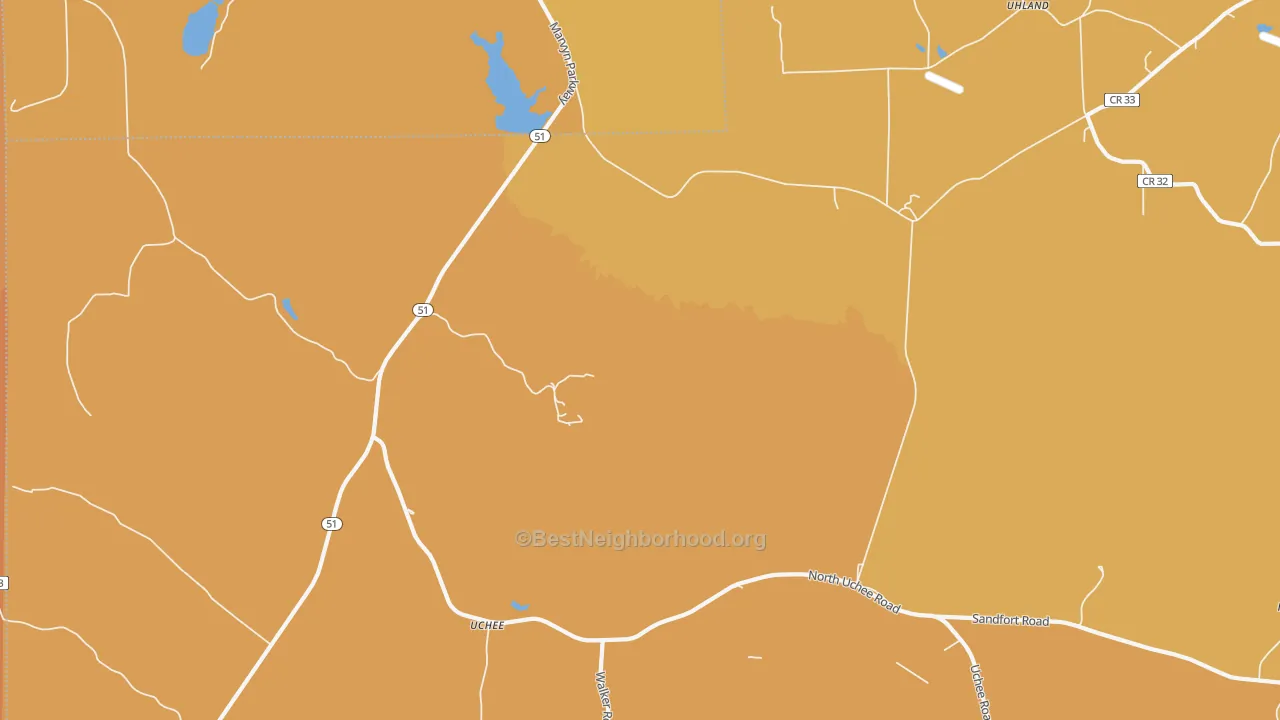 Map of the best neighborhoods in the Uchee area, with better matches in green and worse matches in red