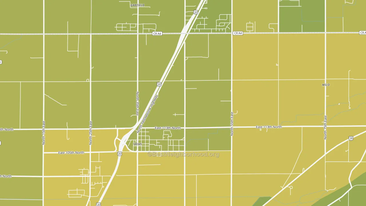 Map of the best neighborhoods in the Ucon area, with better matches in green and worse matches in red