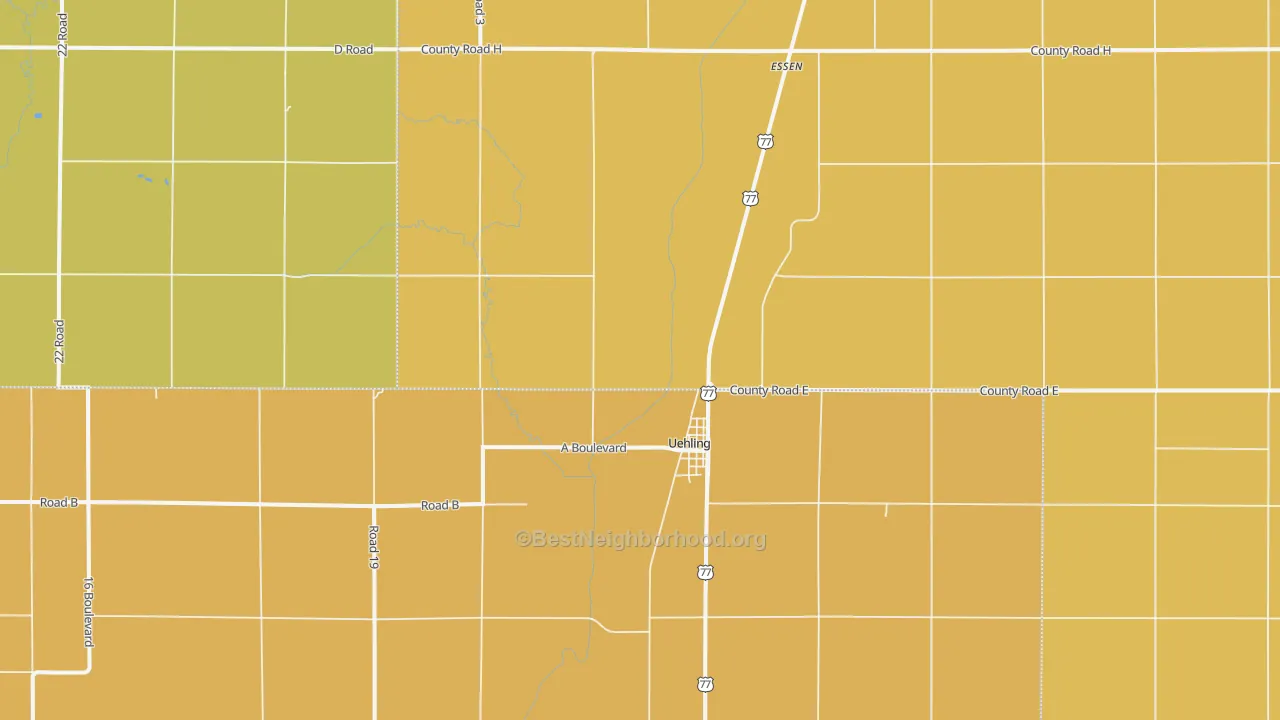Map of the best neighborhoods in the Uehling area, with better matches in green and worse matches in red
