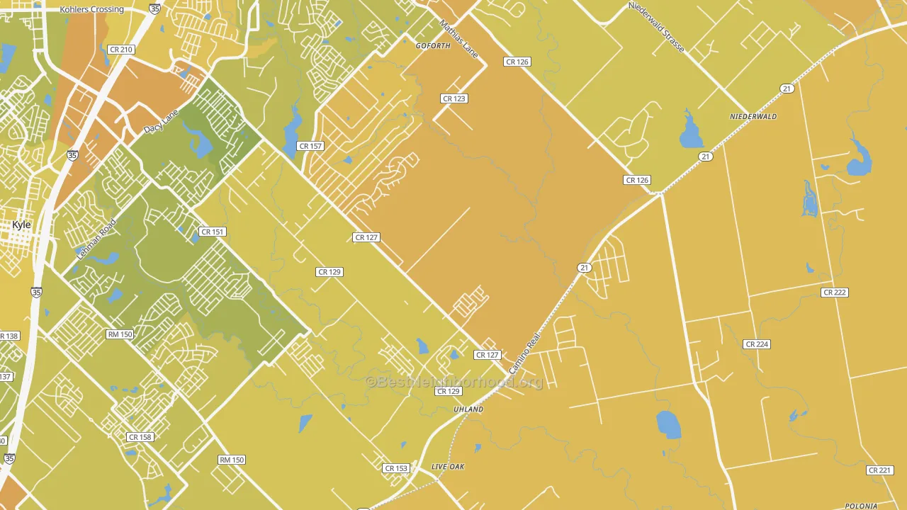 Map of the best neighborhoods in the Uhland area, with better matches in green and worse matches in red
