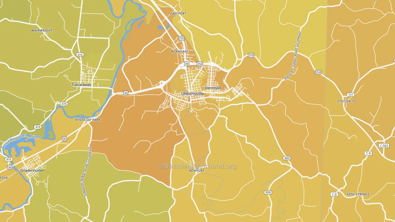 Map of the best neighborhoods in the Uhrichsville area, with better matches in green and worse matches in red