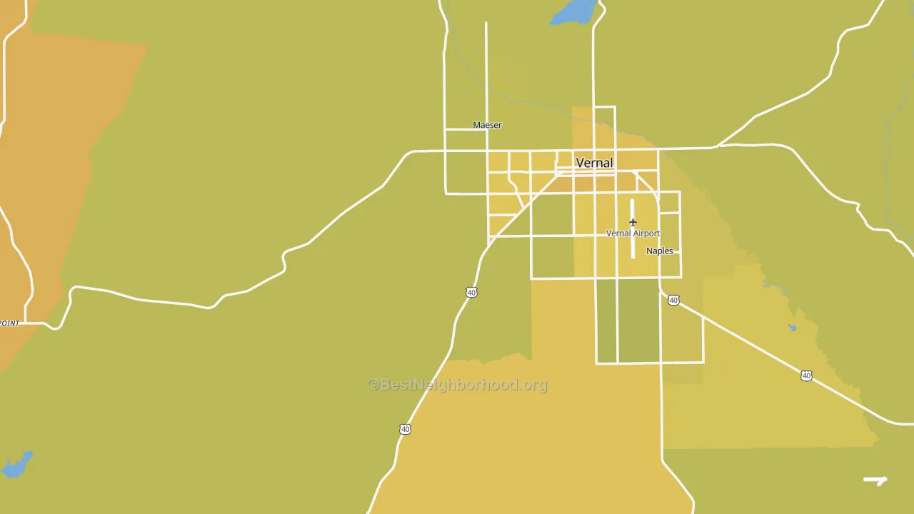 Map of the best neighborhoods in the Uintah County area, with better matches in green and worse matches in red