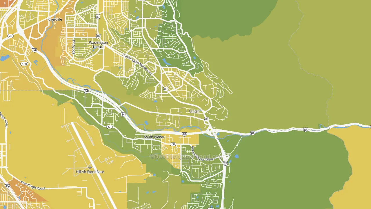 Map of the best neighborhoods in the Uintah area, with better matches in green and worse matches in red
