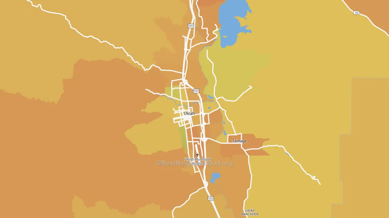 Map of the best neighborhoods in the Ukiah area, with better matches in green and worse matches in red