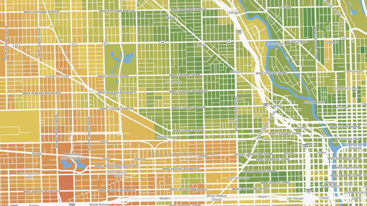 Map of the best neighborhoods in the Ukrainian Village, Chicago area, with better matches in green and worse matches in red