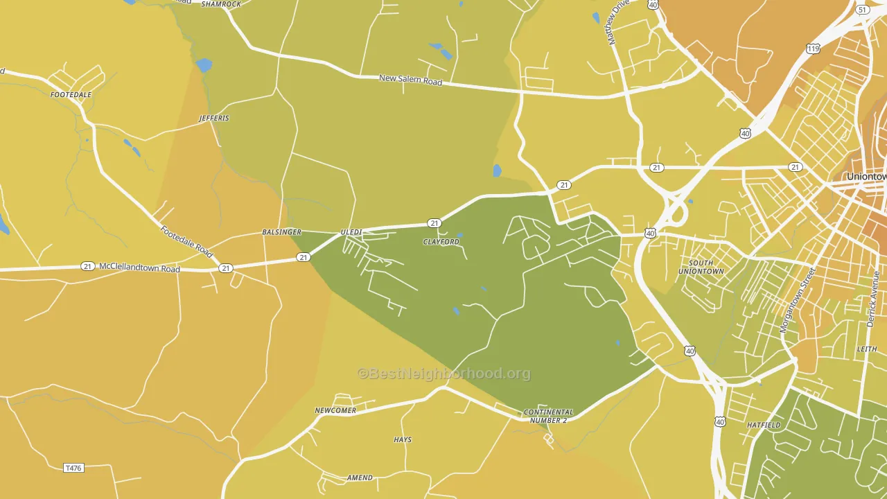 Map of the best neighborhoods in the Uledi area, with better matches in green and worse matches in red