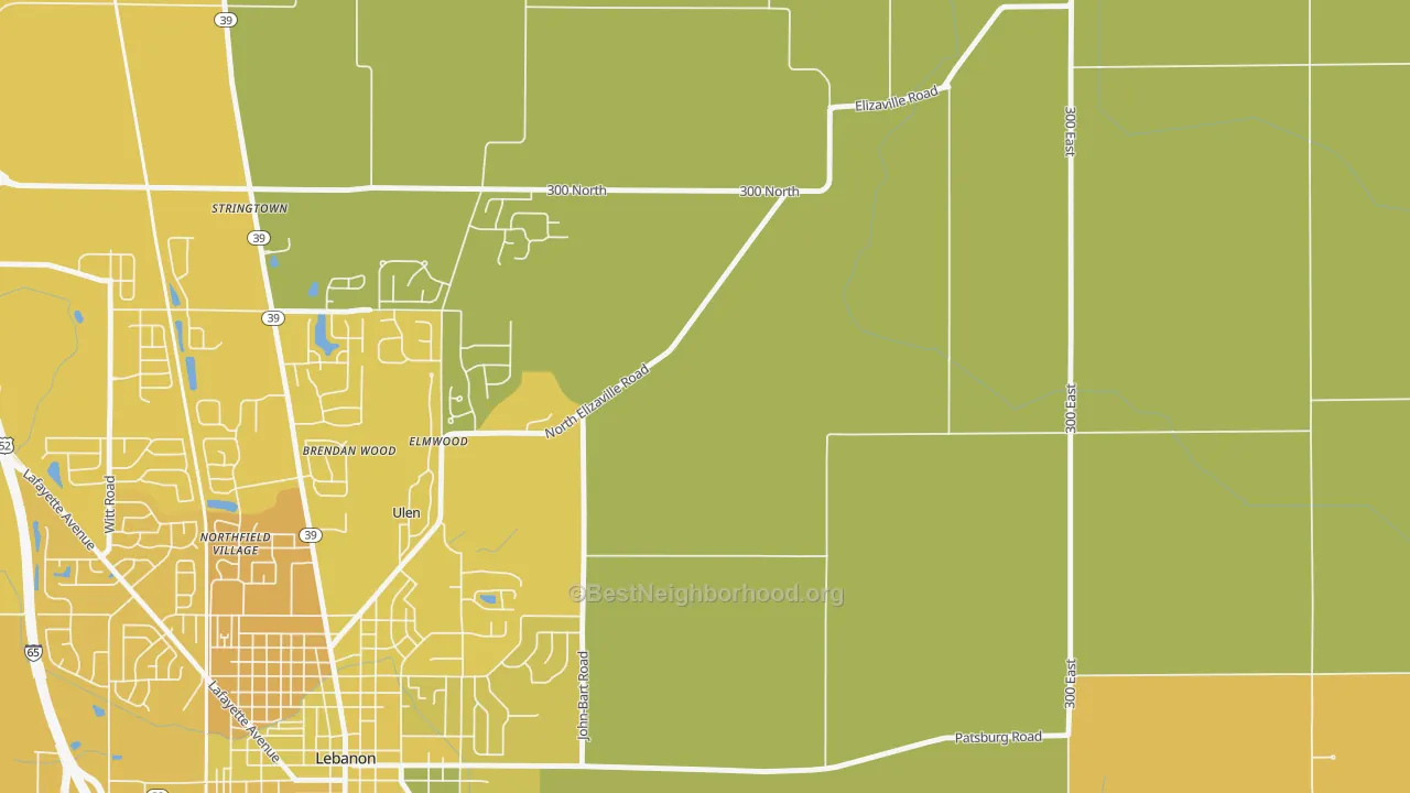 Map of the best neighborhoods in the Ulen area, with better matches in green and worse matches in red