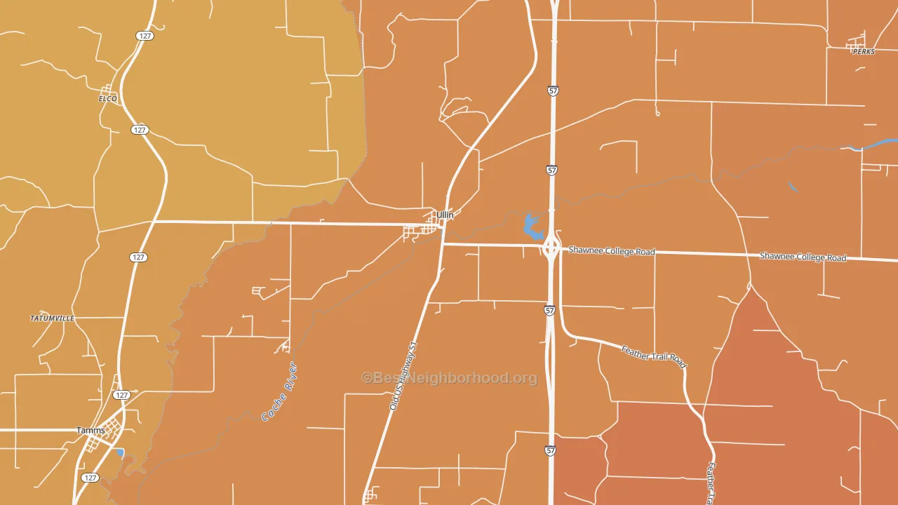 Map of the best neighborhoods in the Ullin area, with better matches in green and worse matches in red