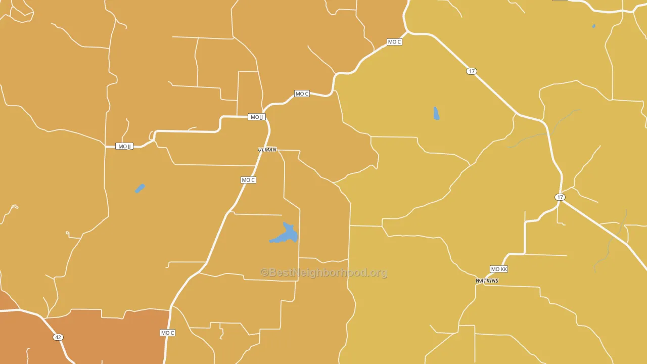 Map of the best neighborhoods in the Ulman area, with better matches in green and worse matches in red