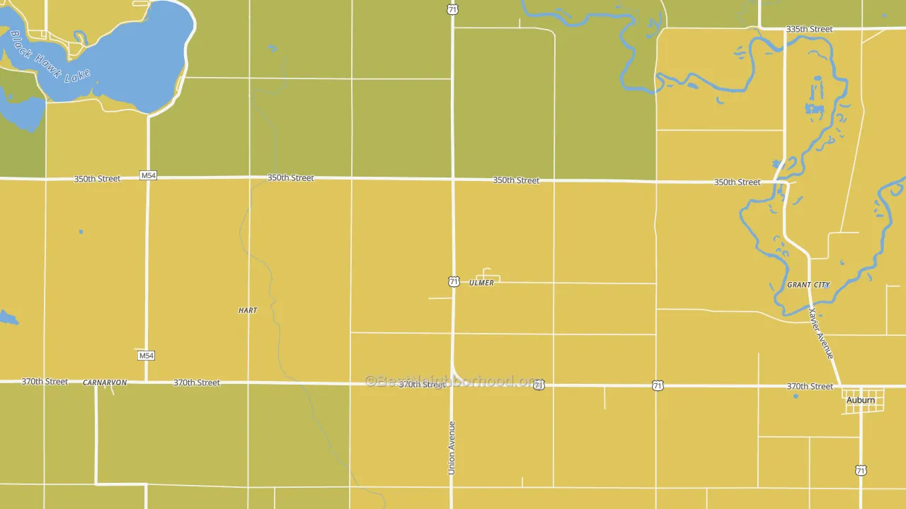 Map of the best neighborhoods in the Ulmer area, with better matches in green and worse matches in red