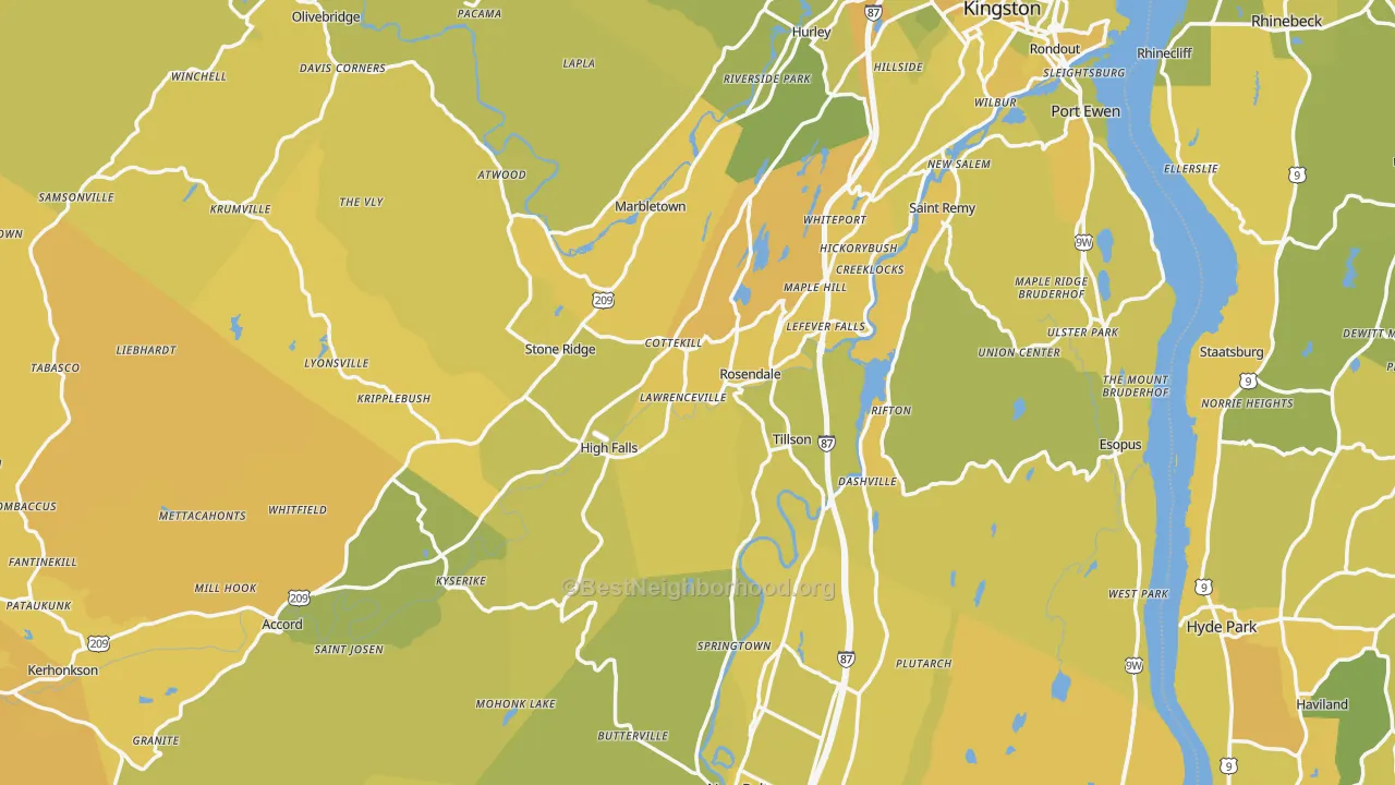 Map of the best neighborhoods in the Ulster County area, with better matches in green and worse matches in red