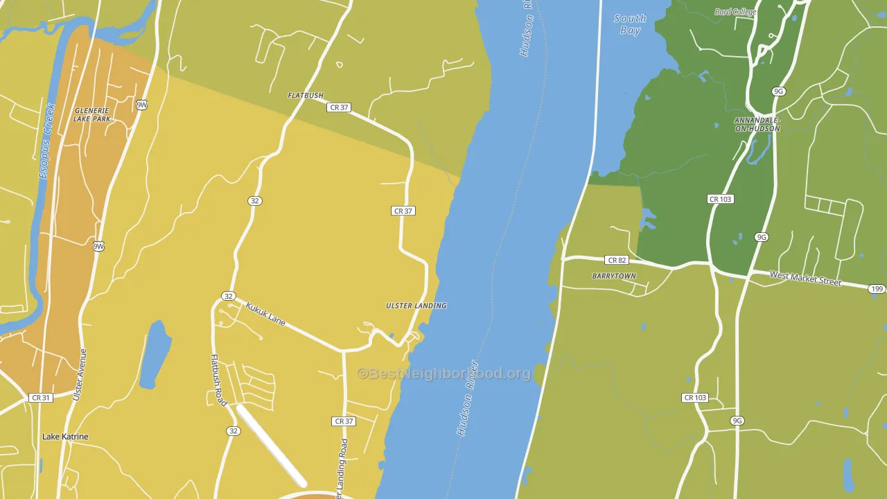 Map of the best neighborhoods in the Ulster Landing area, with better matches in green and worse matches in red