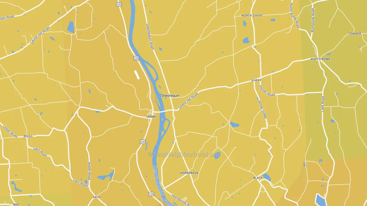 Map of the best neighborhoods in the Ulster area, with better matches in green and worse matches in red