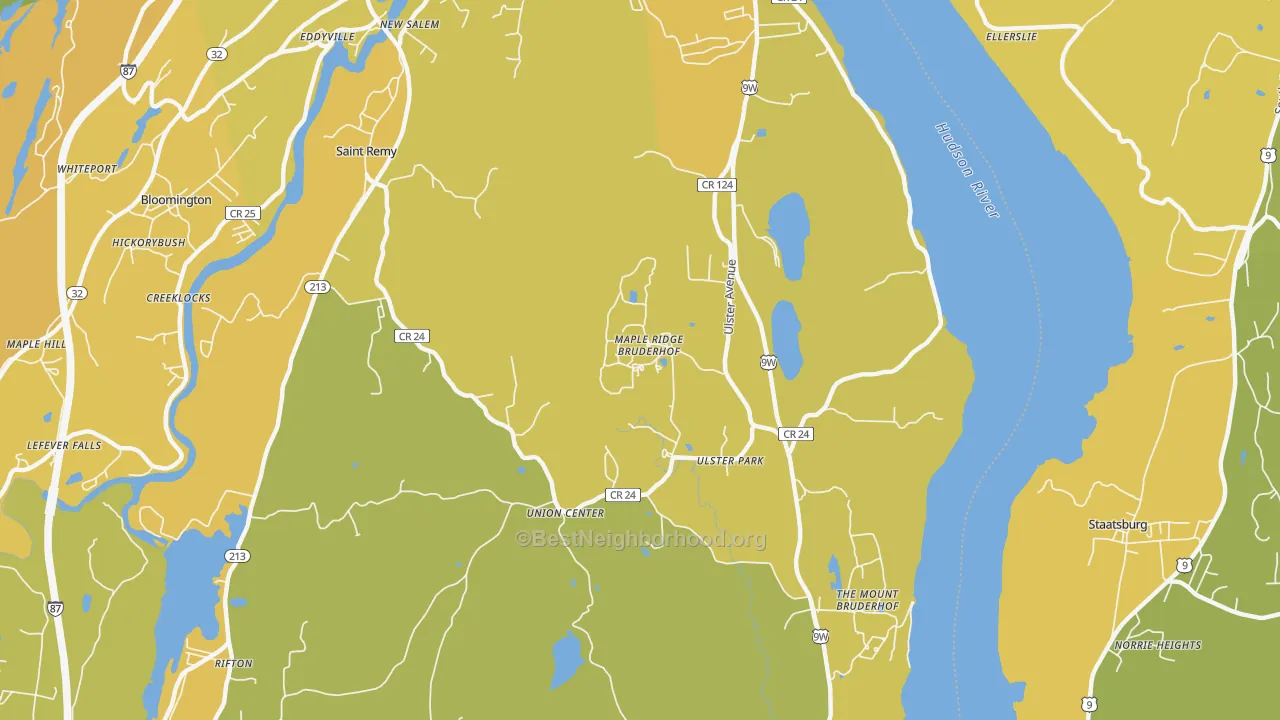 Map of the best neighborhoods in the Ulster Park area, with better matches in green and worse matches in red