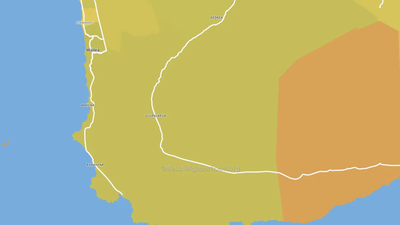 Map of the best neighborhoods in the Ulupalakua area, with better matches in green and worse matches in red