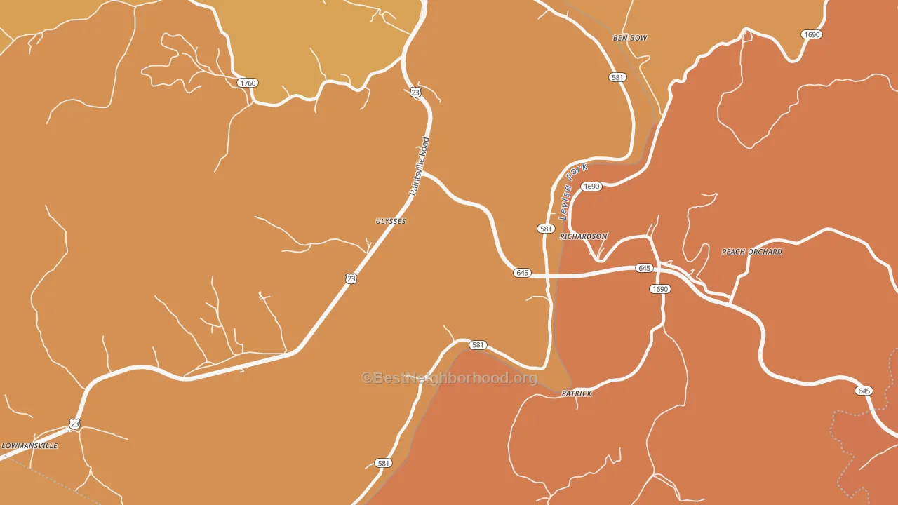 Map of the best neighborhoods in the Ulysses area, with better matches in green and worse matches in red