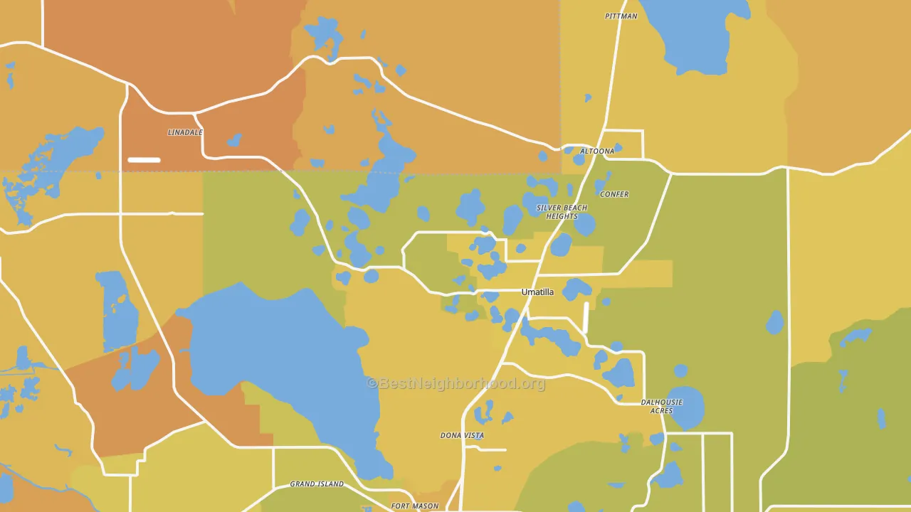 Map of the best neighborhoods in the Umatilla area, with better matches in green and worse matches in red