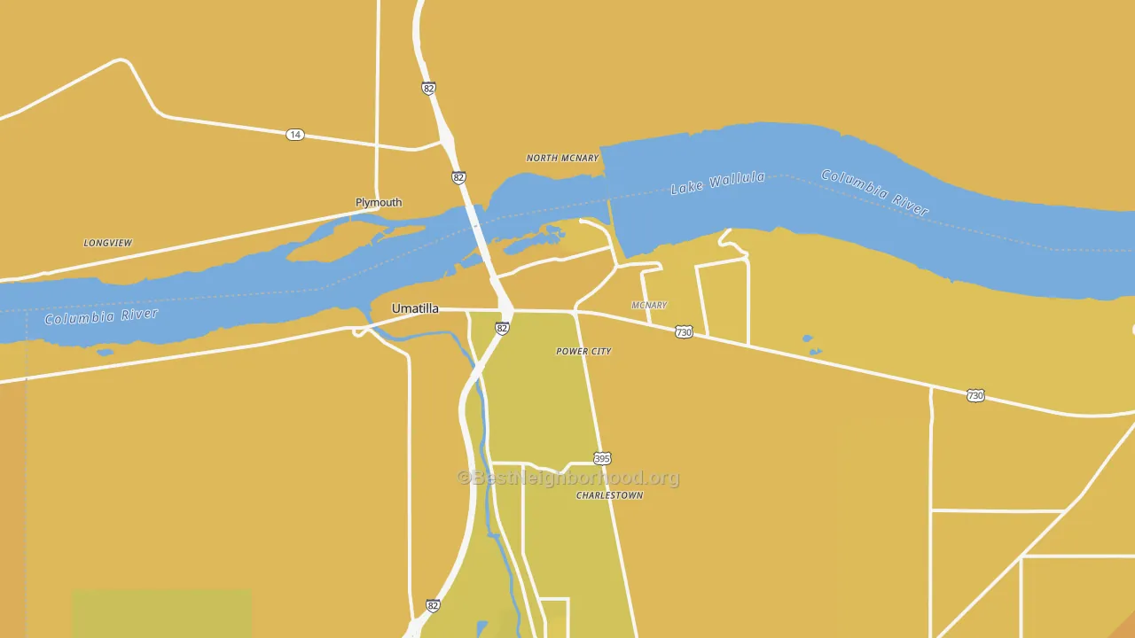 Map of the best neighborhoods in the Umatilla area, with better matches in green and worse matches in red