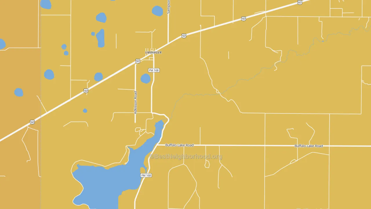 Map of the best neighborhoods in the Umbarger area, with better matches in green and worse matches in red