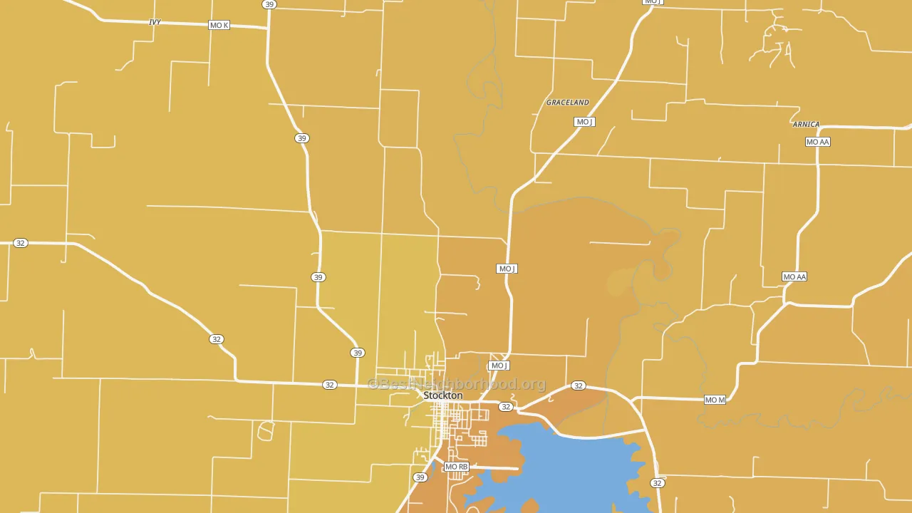 Map of the best neighborhoods in the Umber area, with better matches in green and worse matches in red