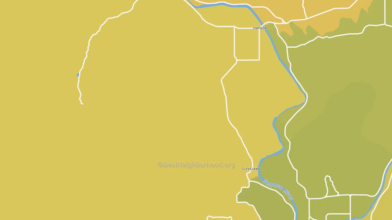 Map of the best neighborhoods in the Umpqua area, with better matches in green and worse matches in red