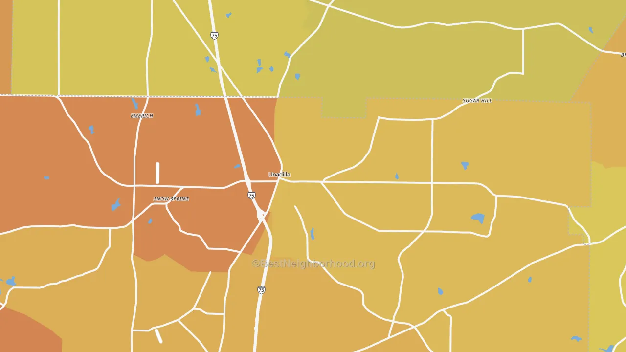 Map of the best neighborhoods in the Unadilla area, with better matches in green and worse matches in red