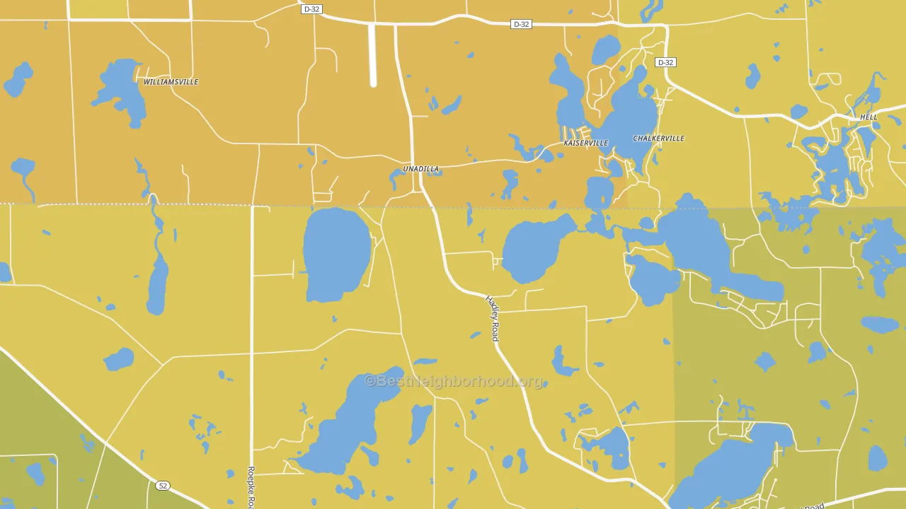 Map of the best neighborhoods in the Unadilla area, with better matches in green and worse matches in red