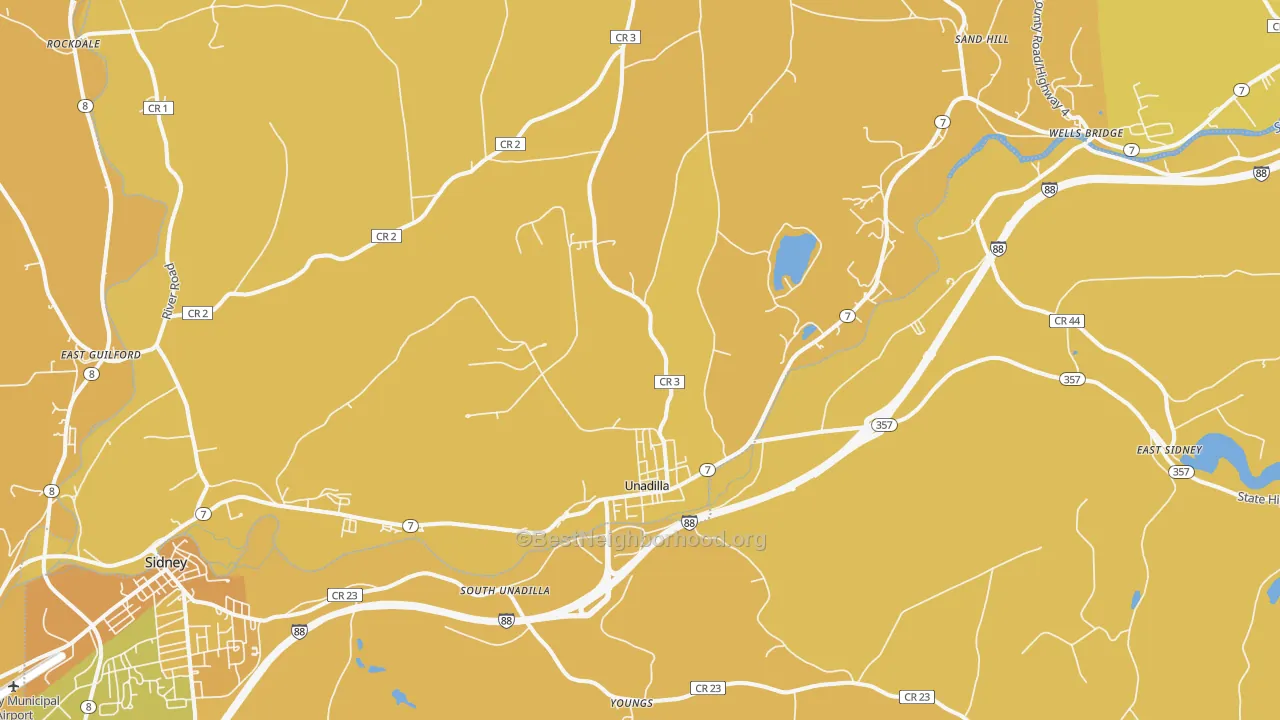 Map of the best neighborhoods in the Unadilla area, with better matches in green and worse matches in red