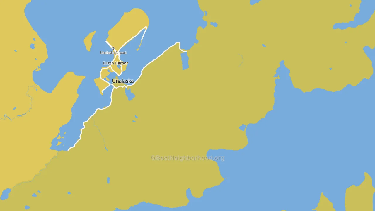Map of the best neighborhoods in the Unalaska area, with better matches in green and worse matches in red