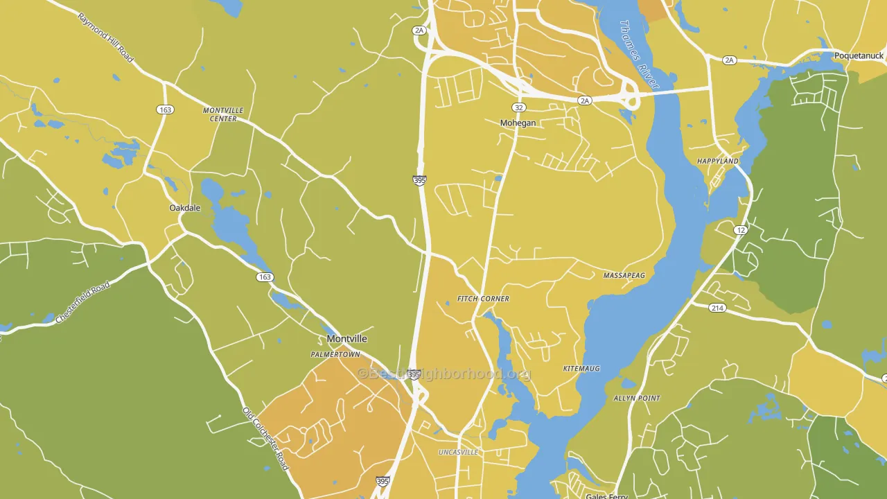 Map of the best neighborhoods in the Uncasville area, with better matches in green and worse matches in red