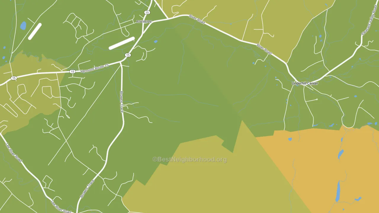 Map of the best neighborhoods in the Underhill Center area, with better matches in green and worse matches in red
