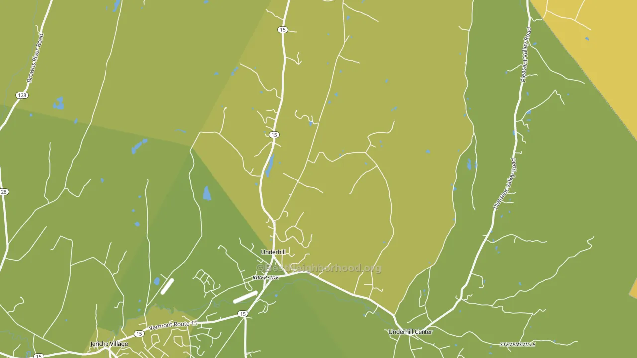 Map of the best neighborhoods in the Underhill area, with better matches in green and worse matches in red