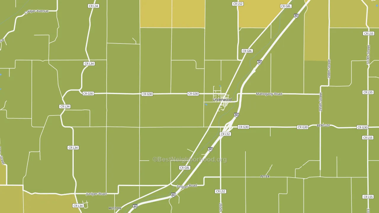 Map of the best neighborhoods in the Underwood area, with better matches in green and worse matches in red