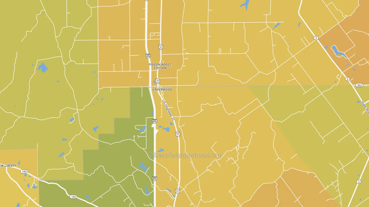 Map of the best neighborhoods in the Underwood area, with better matches in green and worse matches in red