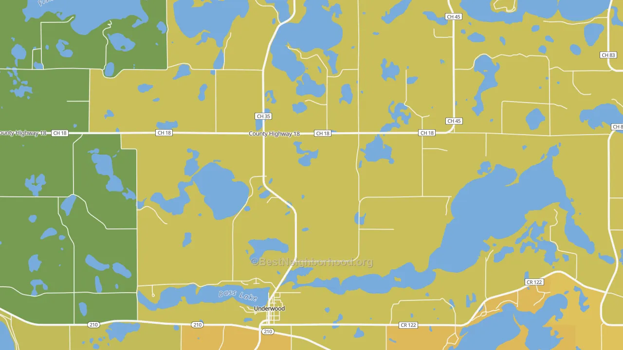 Map of the best neighborhoods in the Underwood area, with better matches in green and worse matches in red