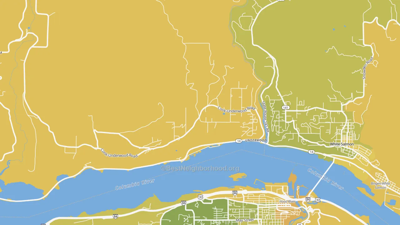 Map of the best neighborhoods in the Underwood area, with better matches in green and worse matches in red