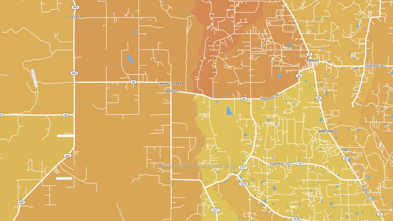 Map of the best neighborhoods in the Uneedus area, with better matches in green and worse matches in red
