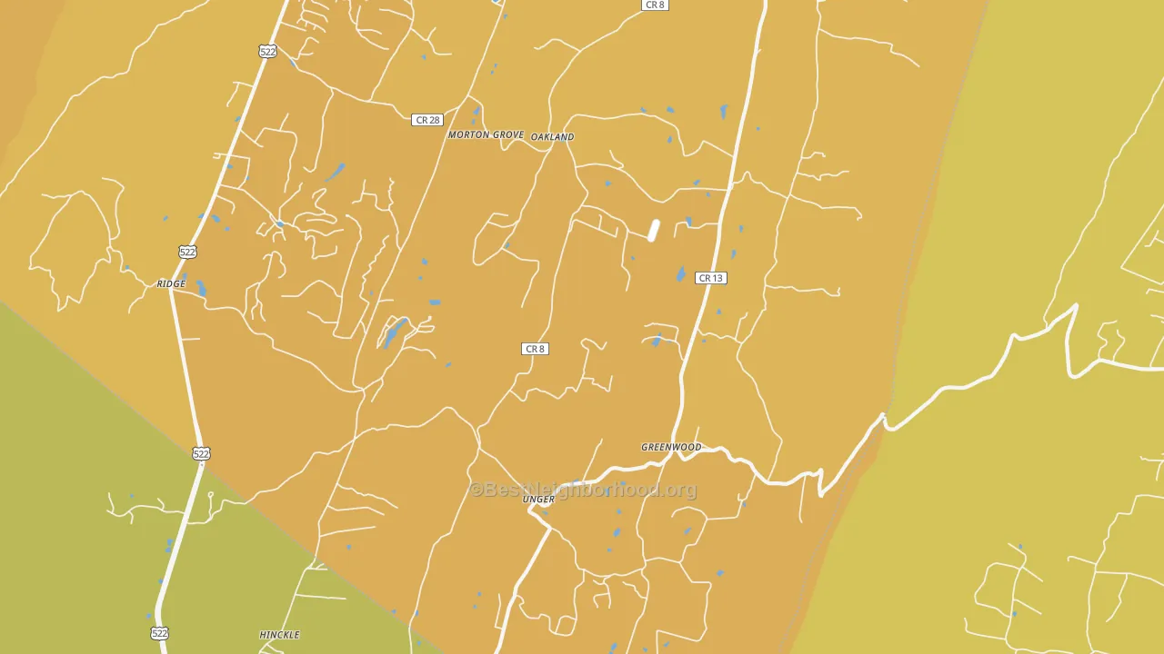 Map of the best neighborhoods in the Unger area, with better matches in green and worse matches in red